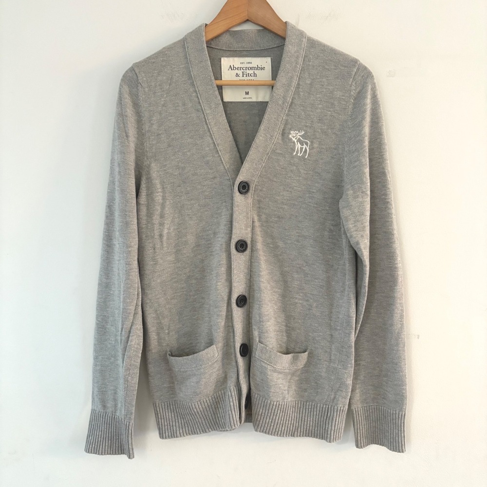 Y2K‎ Abercrombie & Fitch Men M Gray Cardigan Sweater Knit Lightweight Grandpa
